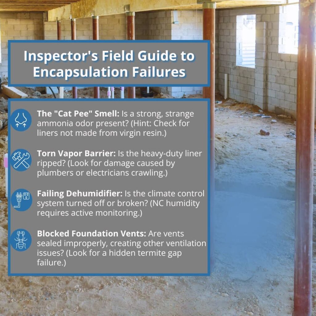 A graphic titled "Inspector's Field Guide to Encapsulation Failures" that lists four common issues found during inspections: off-gassing odors, torn vapor barriers, failing dehumidifiers, and blocked foundation vents.