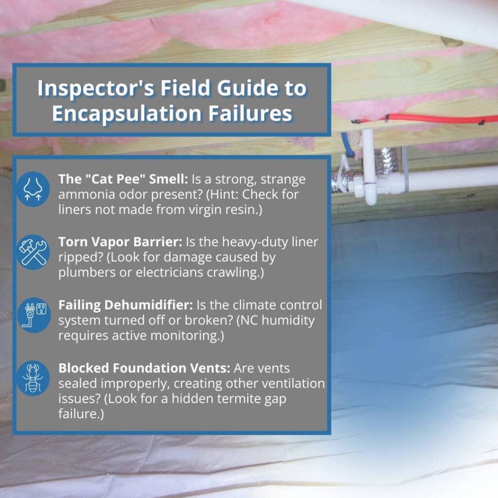 A graphic titled "Inspector's Field Guide to Encapsulation Failures" that lists four common issues found during inspections: off-gassing odors, torn vapor barriers, failing dehumidifiers, and blocked foundation vents.