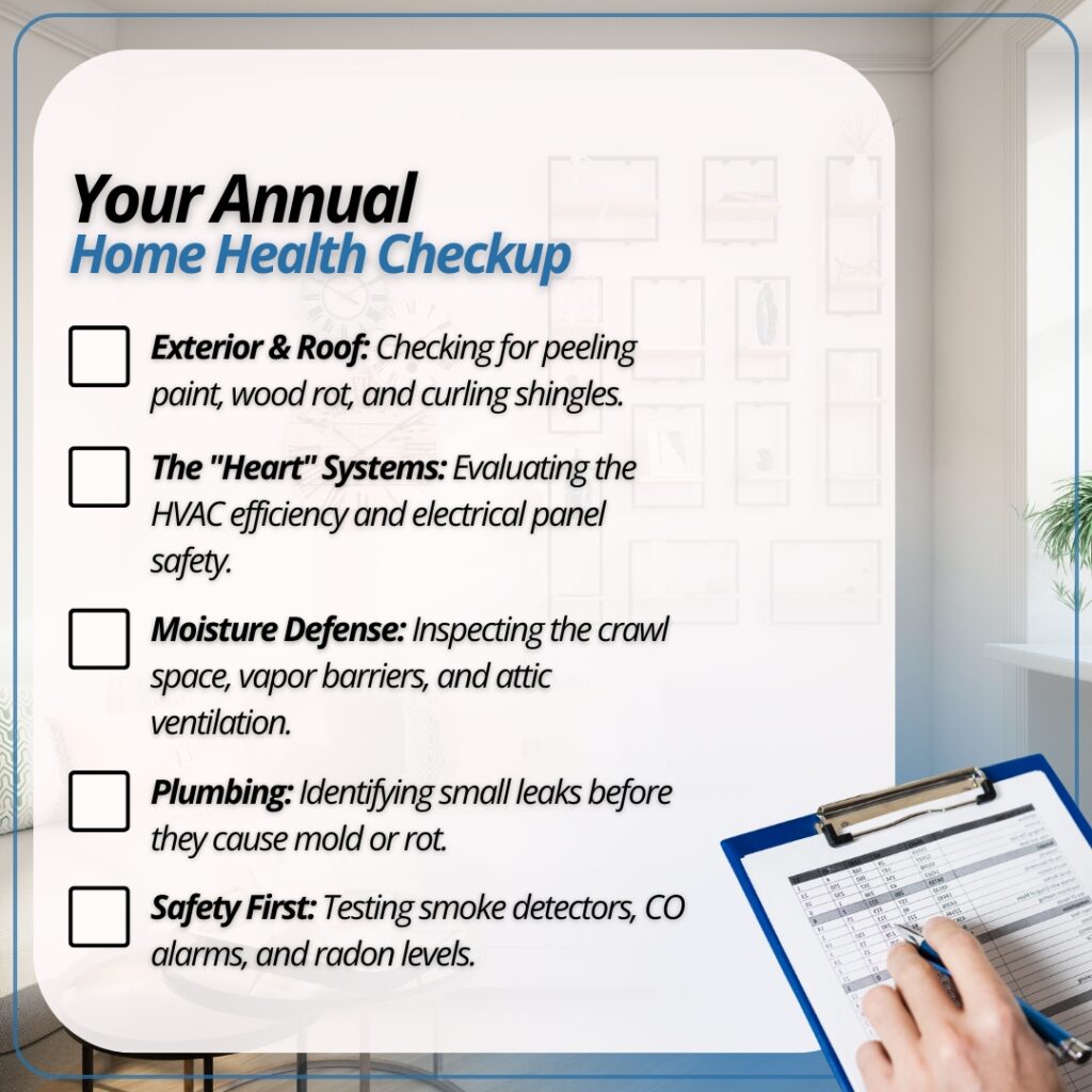 A graphic titled "Your Annual Home Health Checkup" featuring a checklist of home maintenance categories—including exterior and roof, major systems, moisture defense, plumbing, and safety—alongside an image of an inspector holding a clipboard.