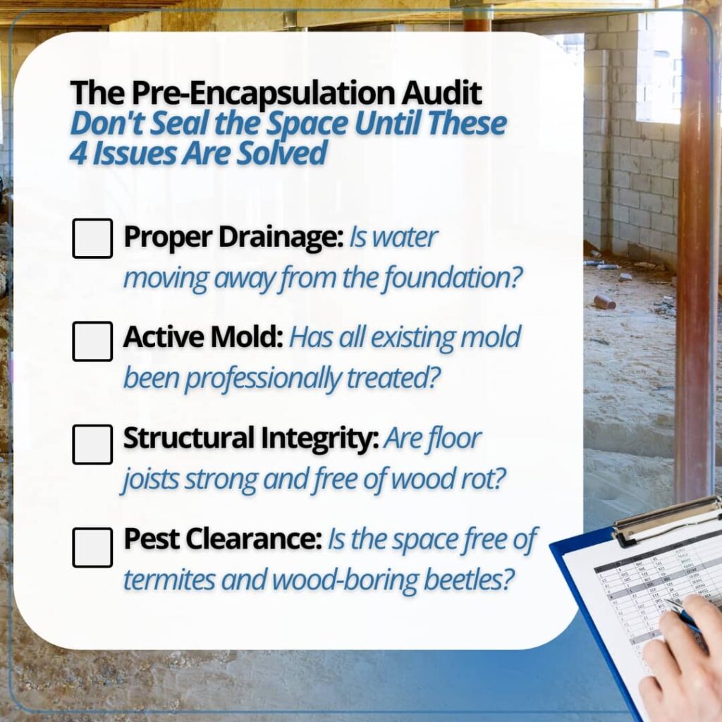 A checklist graphic titled "The Pre-Encapsulation Audit" outlining four critical issues to solve—drainage, mold, structural integrity, and pests—before sealing a crawl space.