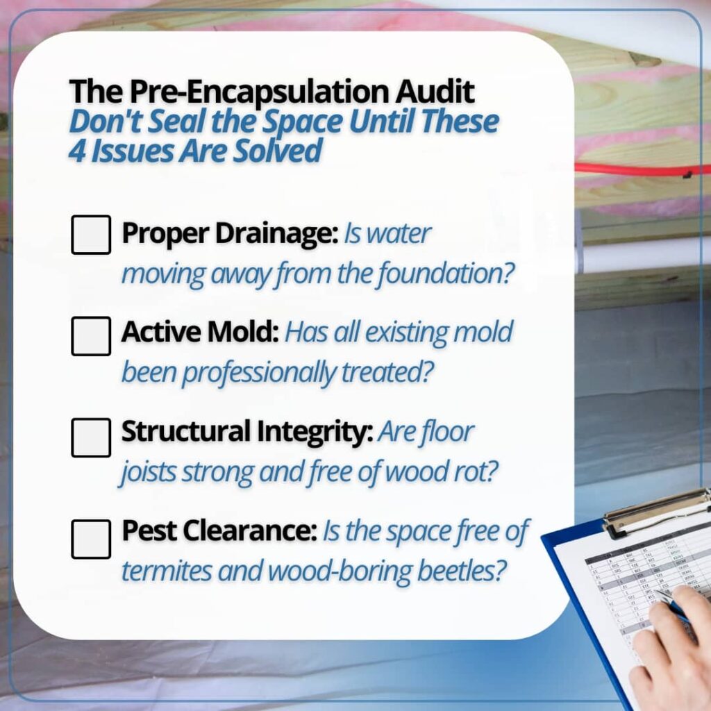 A checklist graphic titled "The Pre-Encapsulation Audit" outlining four critical issues to solve—drainage, mold, structural integrity, and pests—before sealing a crawl space.