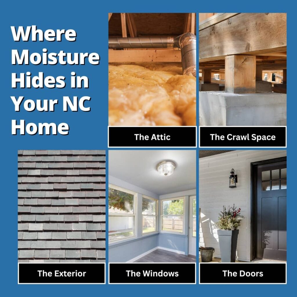 An infographic titled "Where Moisture Hides in Your NC Home" featuring a grid of photos highlighting common moisture-prone areas: the attic, crawl space, exterior roofing, windows, and doors.