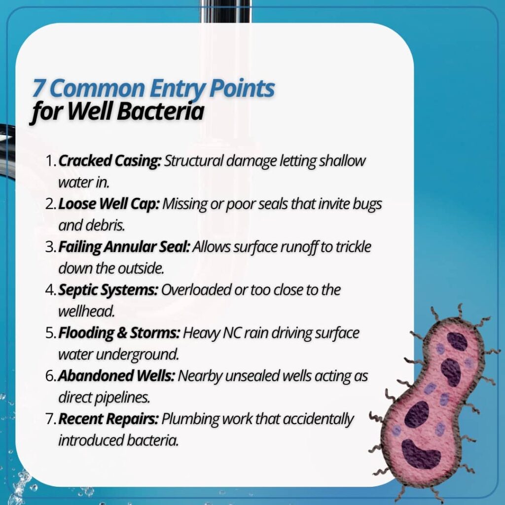An infographic titled "7 Common Entry Points for Well Bacteria" listing seven structural and environmental ways bacteria can contaminate a well system.