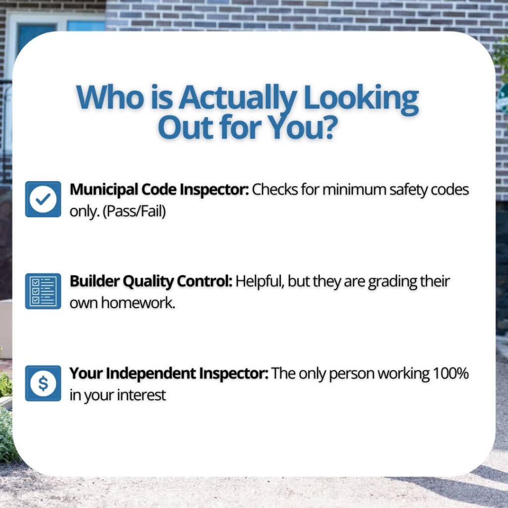 An infographic titled "Who is Actually Looking Out for You?" comparing the differing roles of a municipal code inspector, builder quality control, and an independent home inspector.