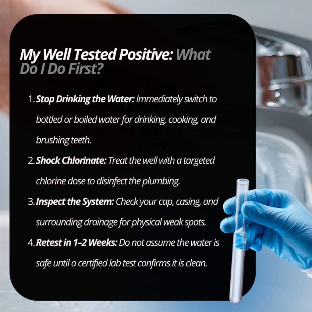 An infographic titled "My Well Tested Positive: What Do I Do First?" outlining four immediate action steps to take after a positive well water test, featuring an image of a gloved hand holding a test tube.